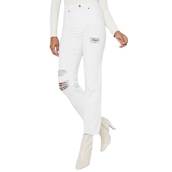 Express Style 06710774 High Waisted White Ripped Straight Raw Hem Ankle Jeans 10 - Picture 1 of 16